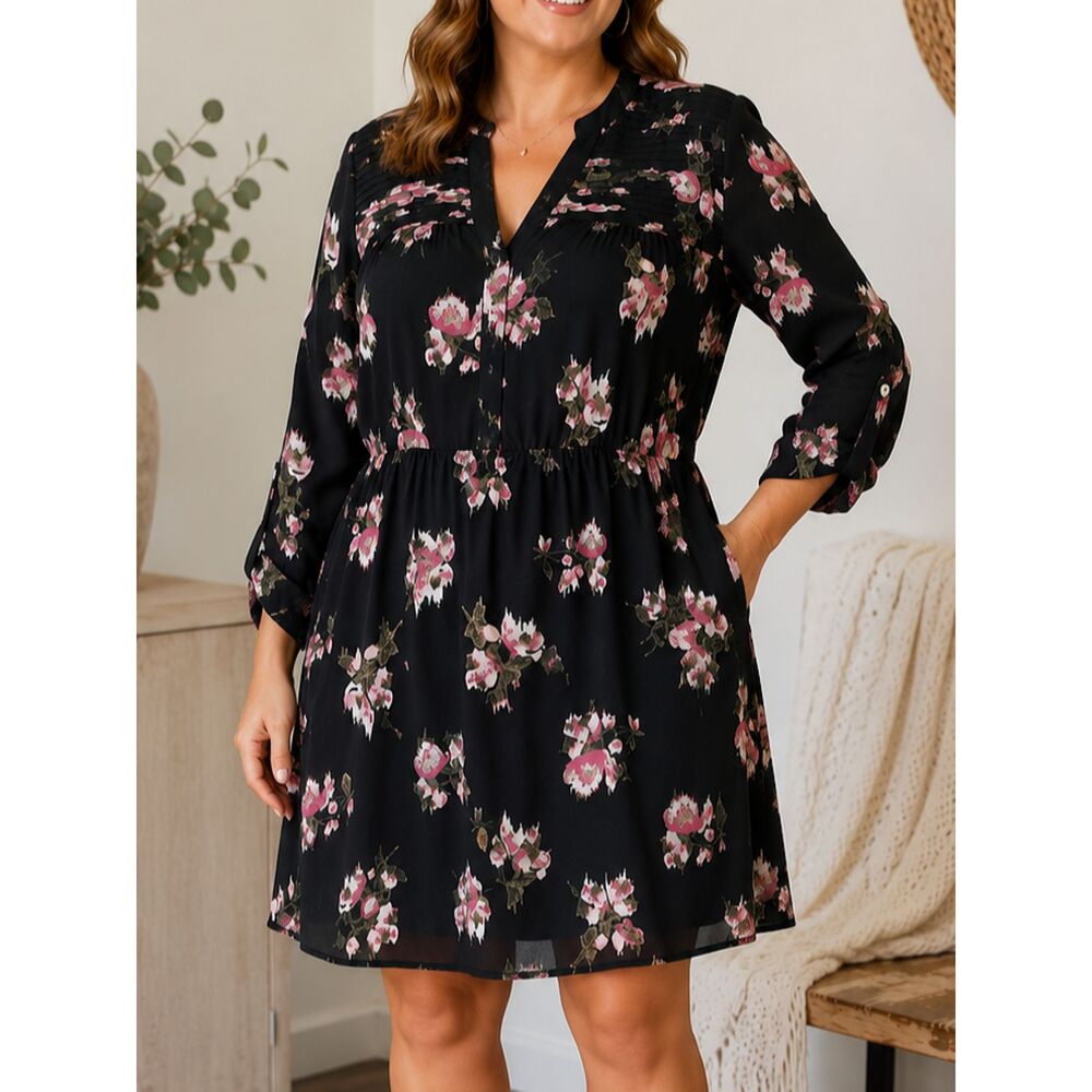 DR2 Floral Long Sleeve V-Neck Dress XL Black Boho Lined Pintuck Shift